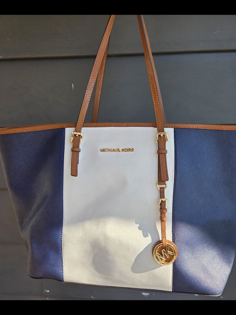 Michael Kors Navy, White and Brown Leather-Trim Tote